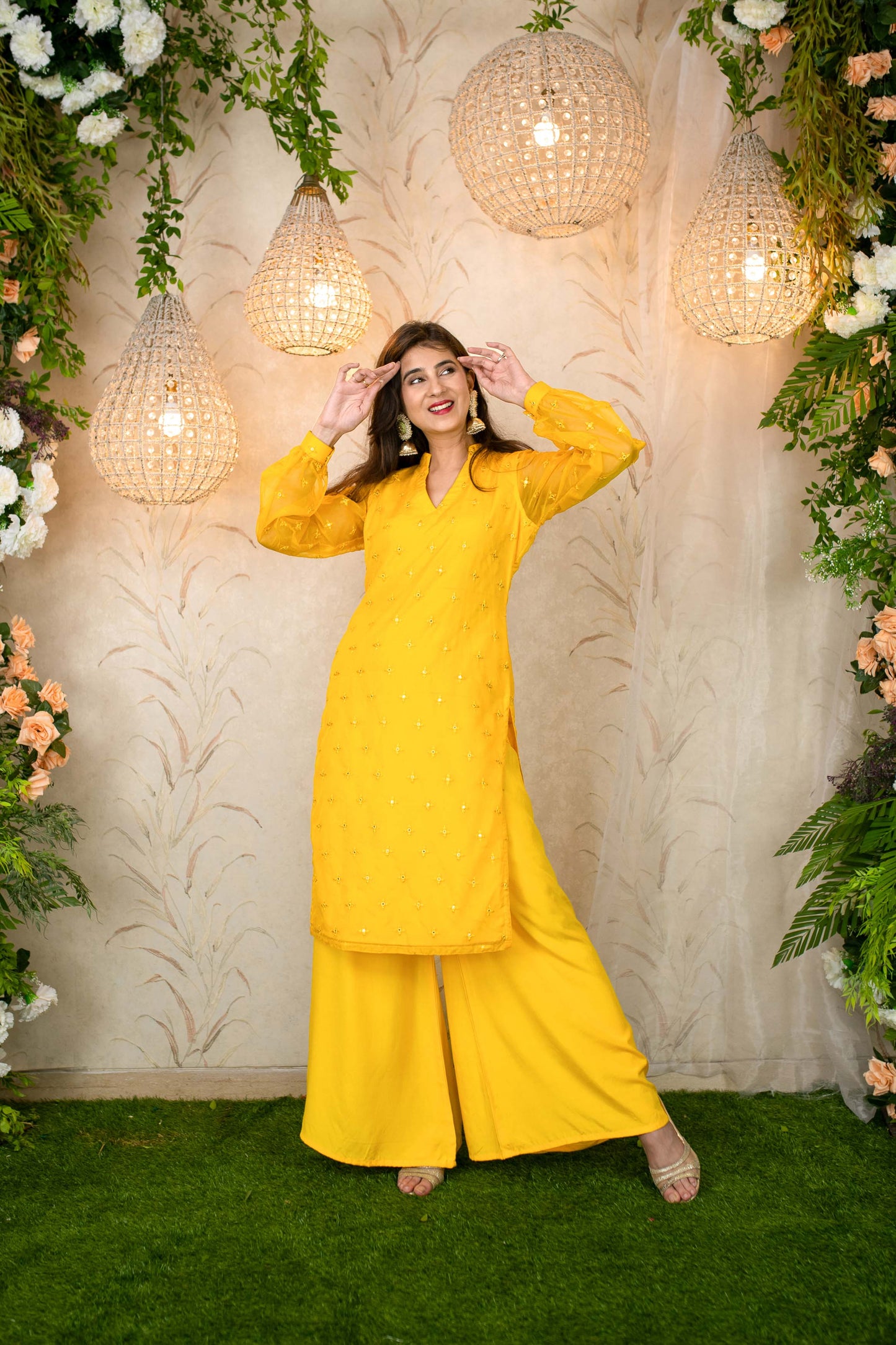 Women's Yellow Mirror Work Organza Kurta With palazzo - Label Shaurya Sanadhya