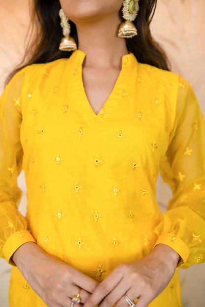 Women's Yellow Mirror Work Organza Kurta With palazzo - Label Shaurya Sanadhya