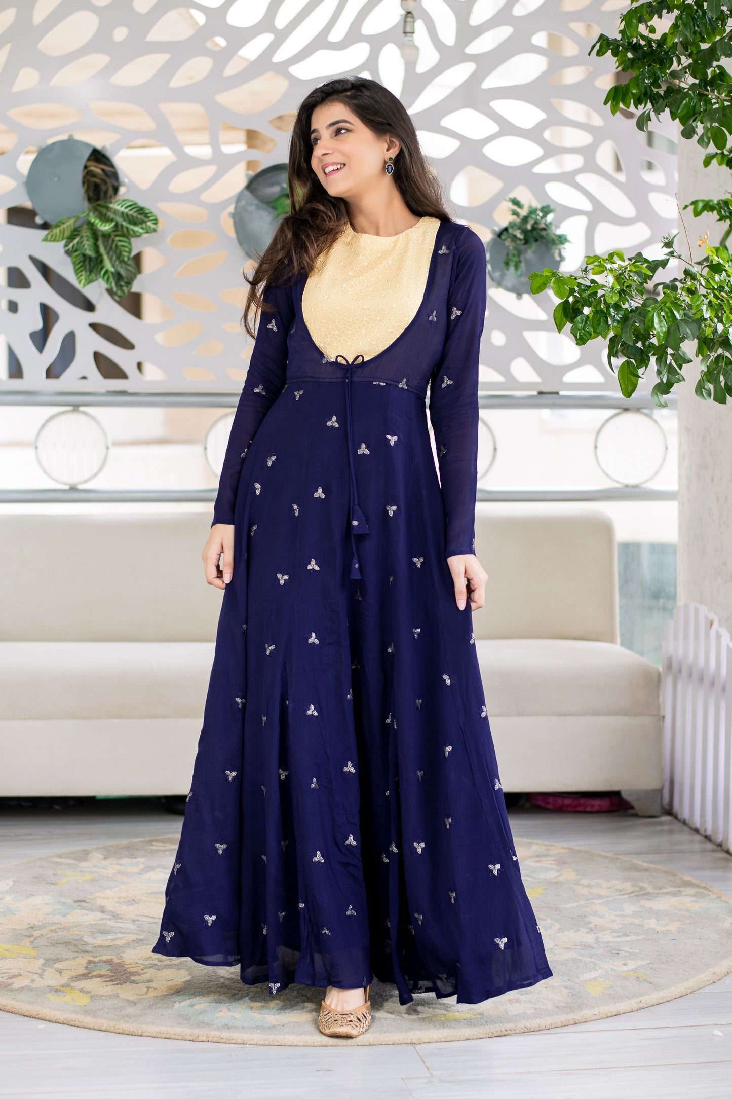 Women's Deep Blue and Beige Gown by Label Shaurya Sanadhya