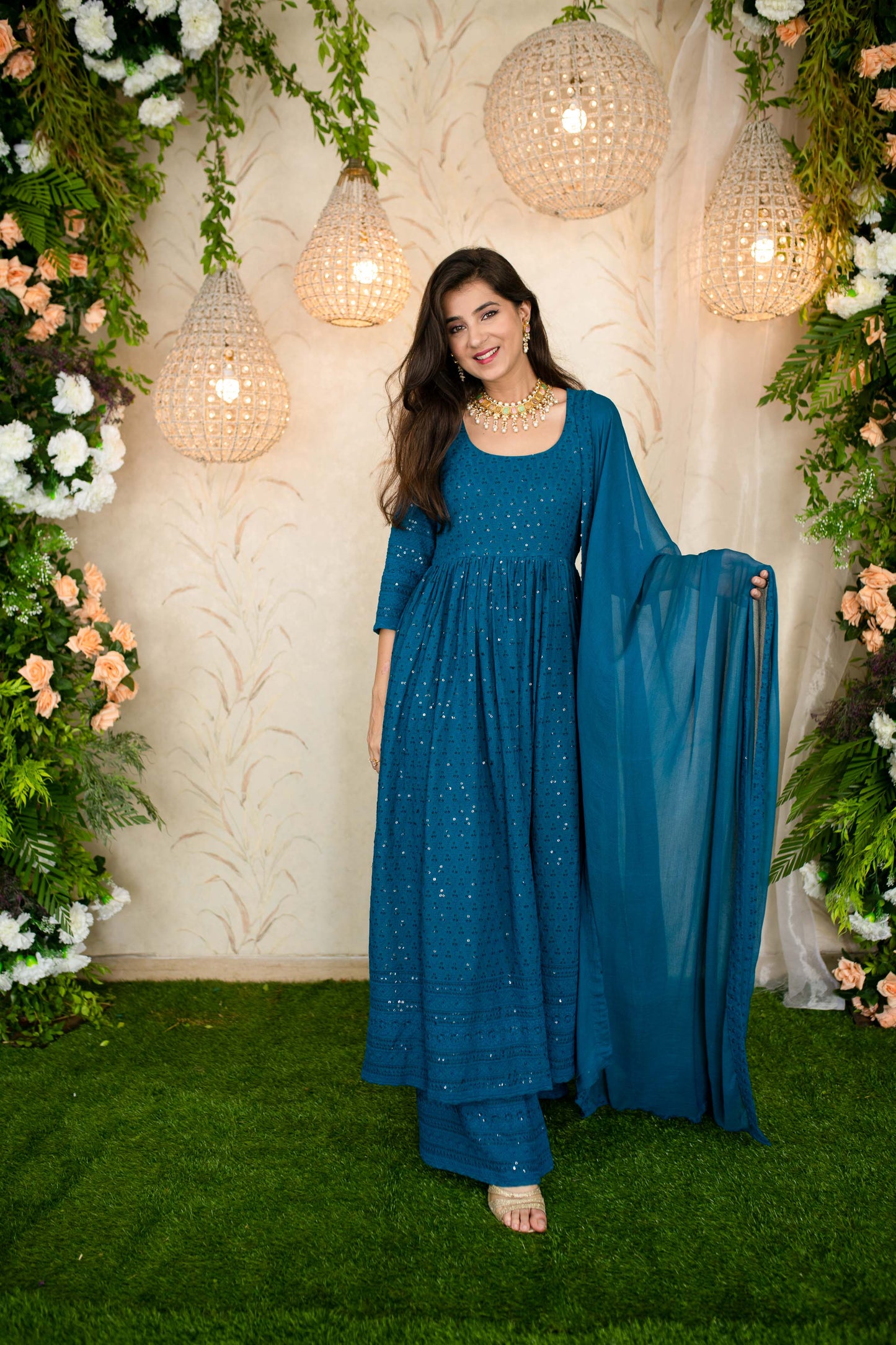 Women's Teal Blue Anarkali With Palazzo - Label Shaurya Sanadhya