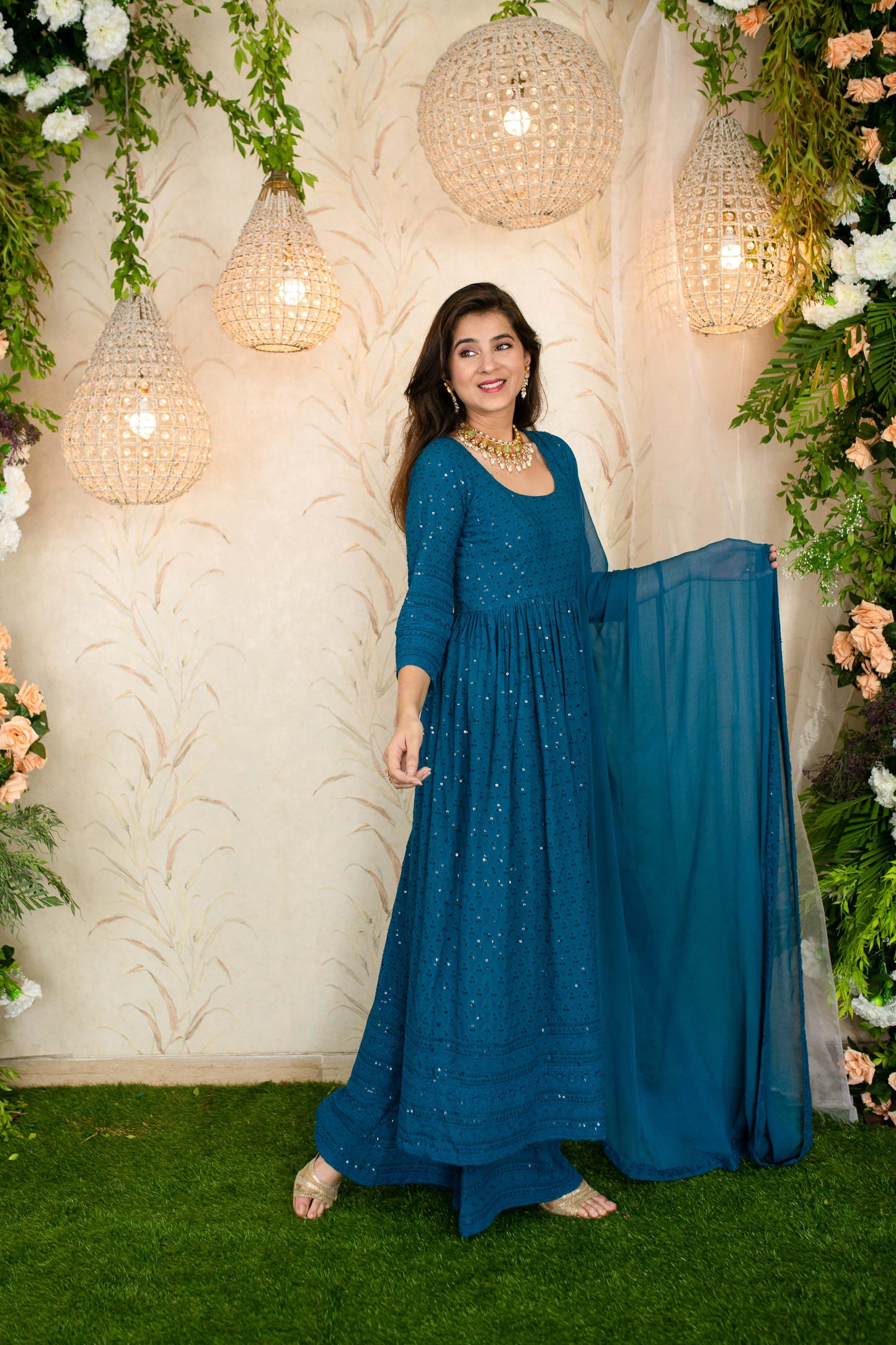 Women's Teal Blue Anarkali With Palazzo - Label Shaurya Sanadhya