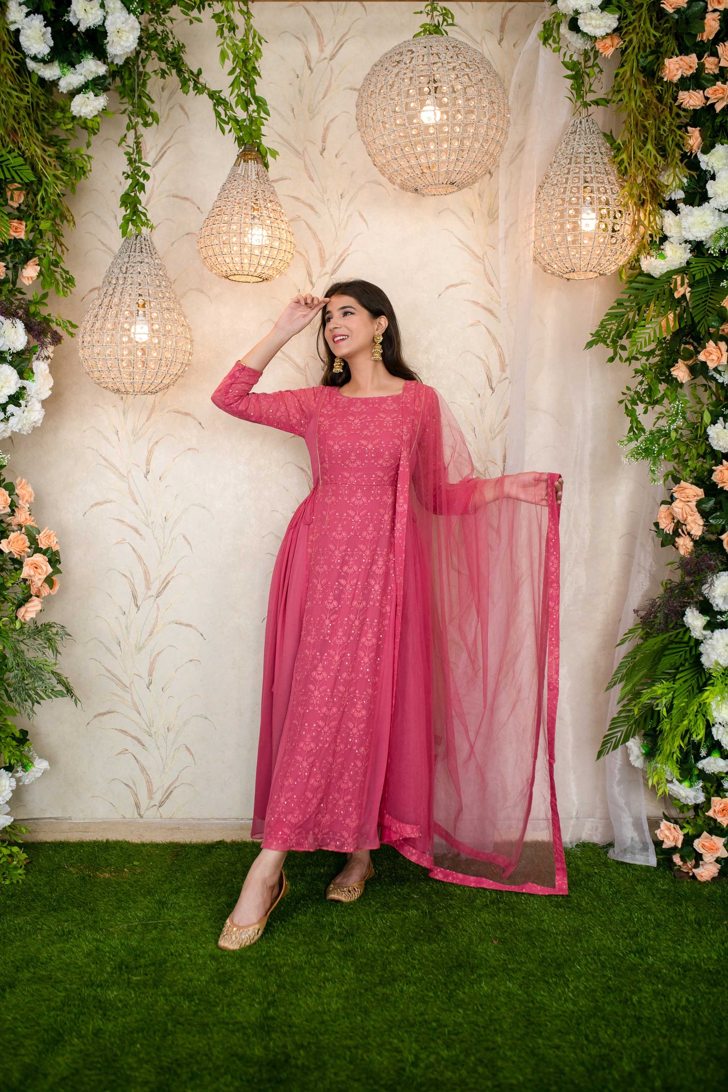 Women's Blush Pink Gathered Long Kurta - Label Shaurya Sanadhya