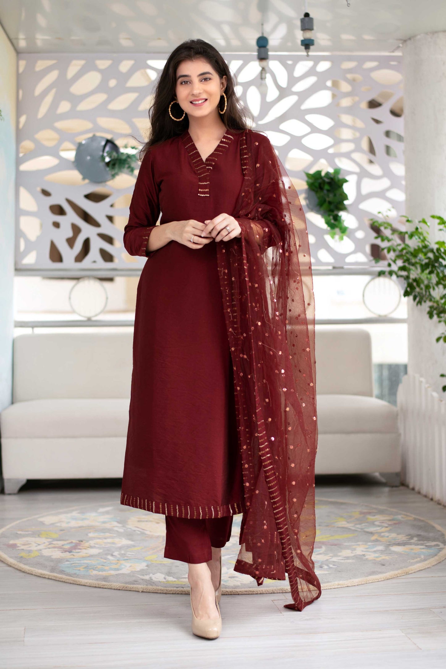 Women's Embellished Maroon Kurta Set (3 Pc Set) - Label Shaurya Sanadhya