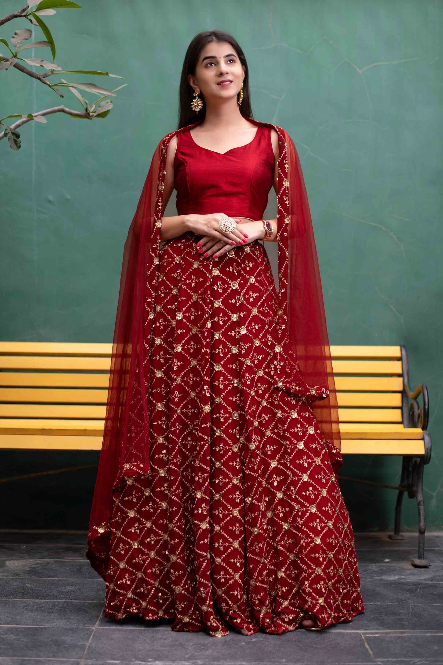 Women's Deep Red Sequin And Zari Work Lehenga Set (3pcs set) - Label Shaurya Sanadhya