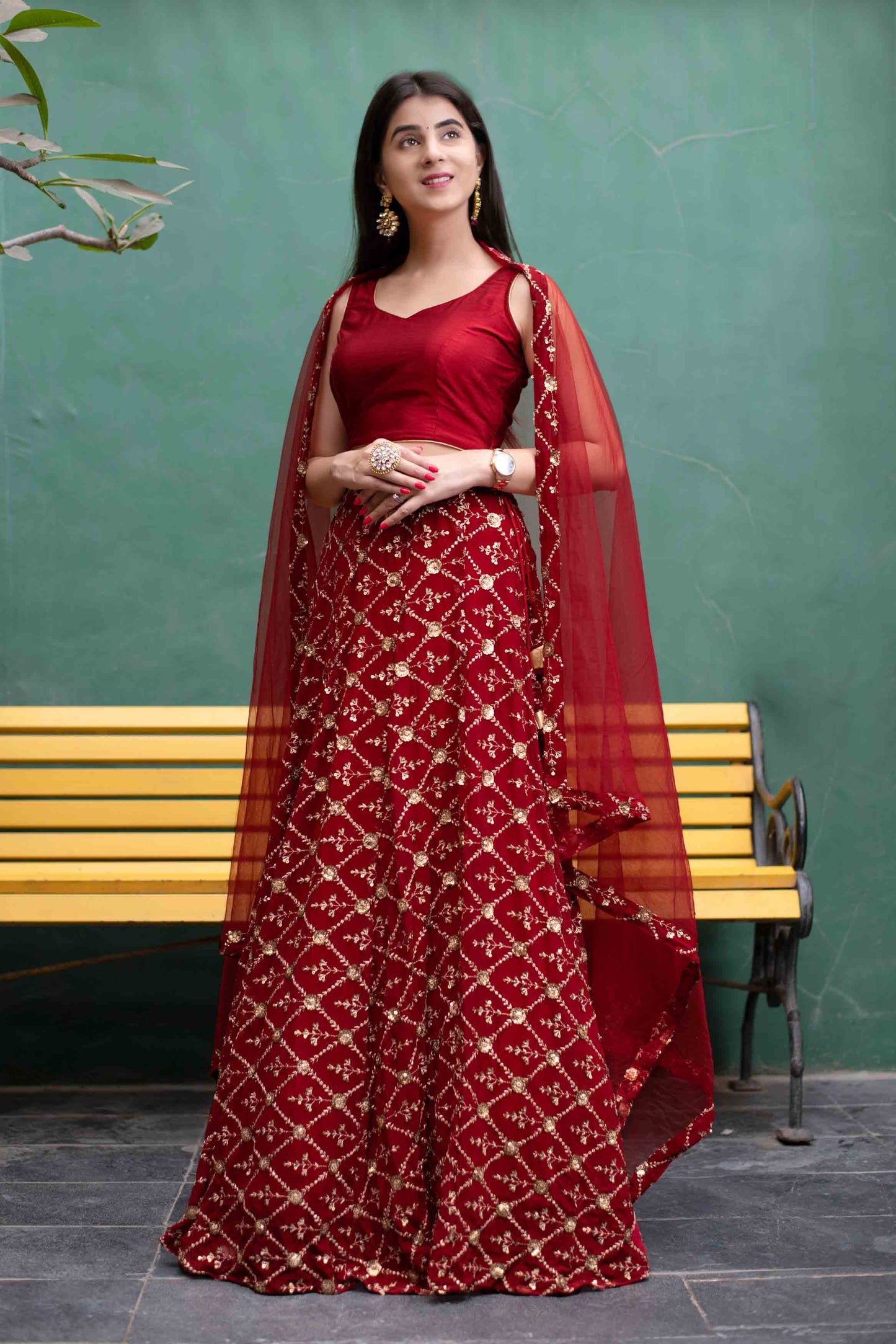 Women's Deep Red Sequin And Zari Work Lehenga Set (3pcs set) - Label Shaurya Sanadhya