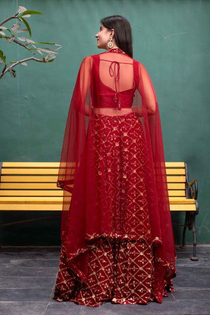 Women's Deep Red Sequin And Zari Work Lehenga Set (3pcs set) - Label Shaurya Sanadhya