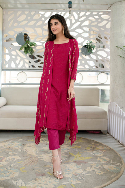 Women's Pink Kurta Pant With Overcoat (3pcs set) - Label Shaurya Sanadhya