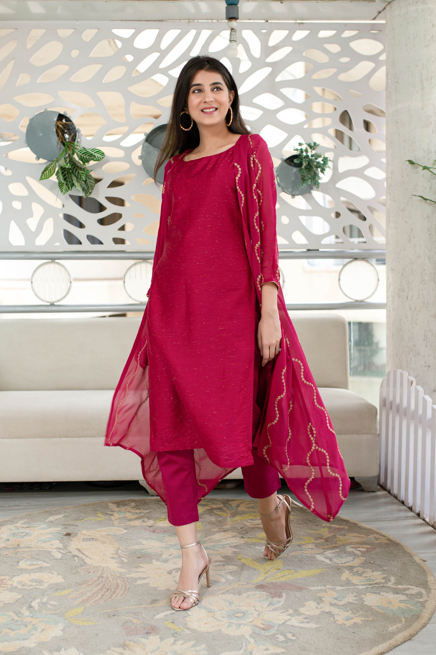 Women's Pink Kurta Pant With Overcoat (3pcs set) - Label Shaurya Sanadhya