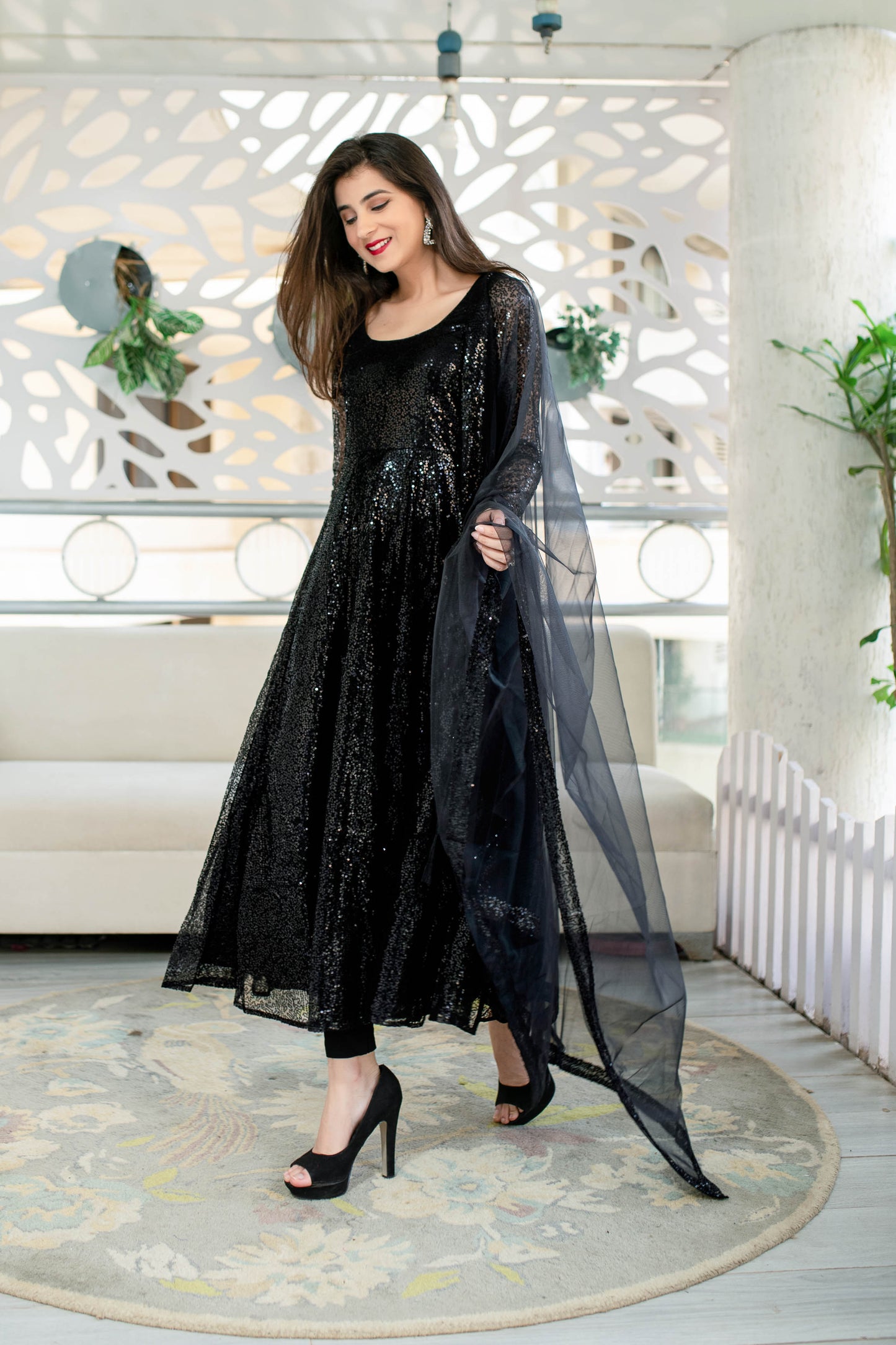 Women's Black Sequin Anarkali Set (3pcs set) - Label Shaurya Sanadhya