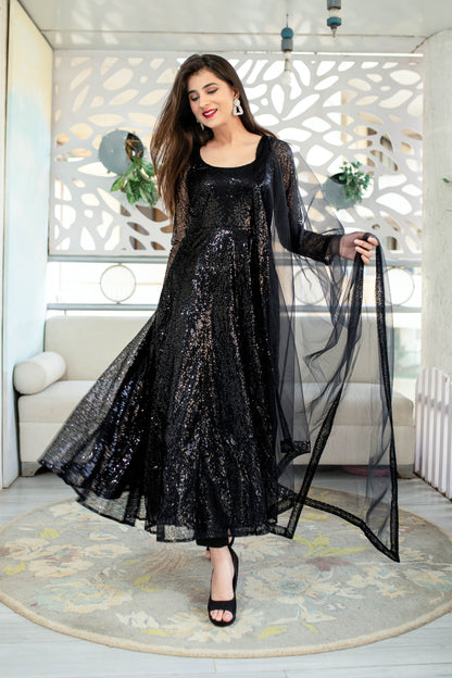 Women's Black Sequin Anarkali Set (3pcs set) - Label Shaurya Sanadhya