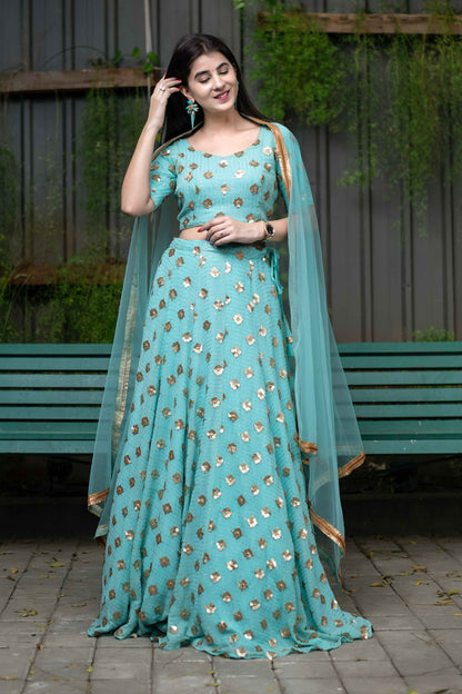 Women's Ice Blue Sequin And Zari Work Lehenga Set (3pcs set) - Label Shaurya Sanadhya