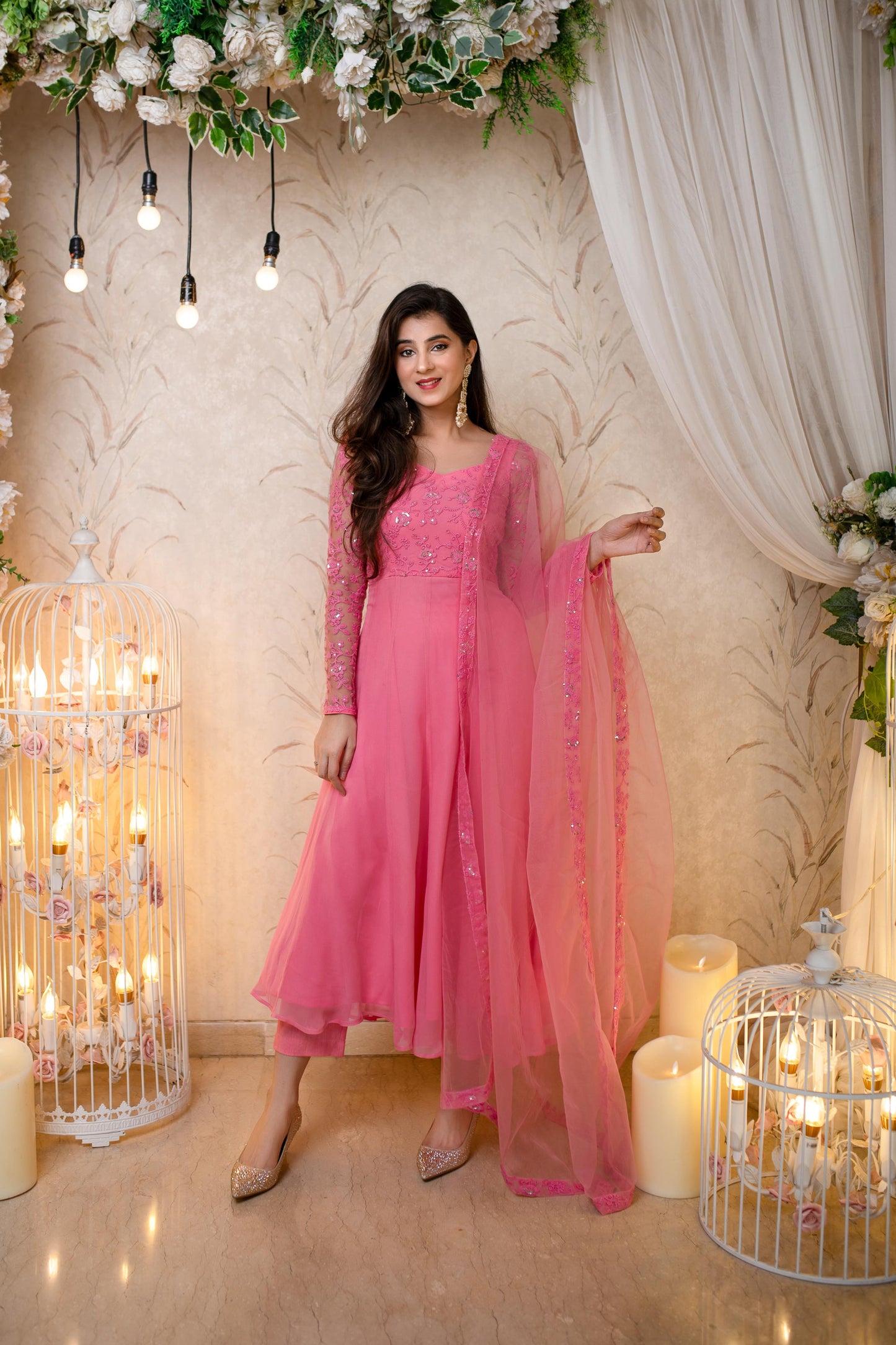 Women's Baby Pink Anarkali (3 Pc Set) - Label Shaurya Sanadhya