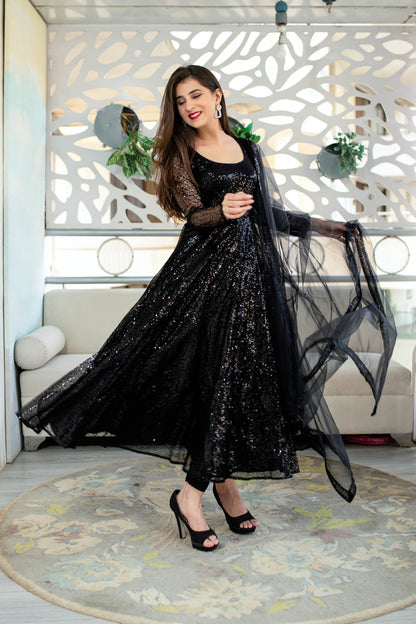 Women's Black Sequin Anarkali Set (3pcs set) - Label Shaurya Sanadhya