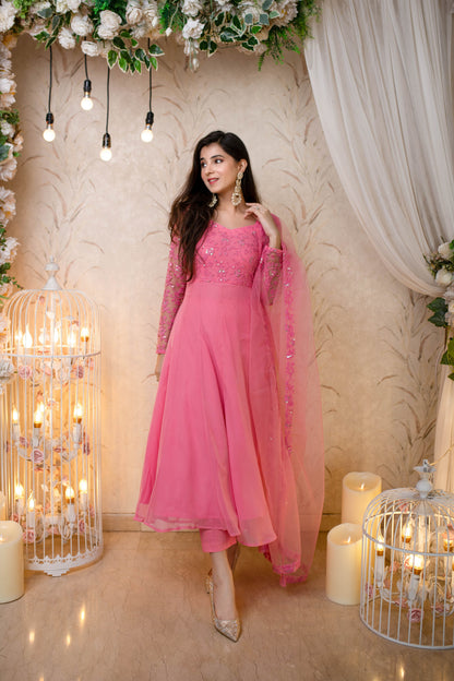 Women's Baby Pink Anarkali (3 Pc Set) - Label Shaurya Sanadhya