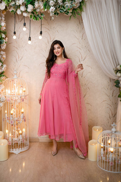 Women's Baby Pink Anarkali (3 Pc Set) - Label Shaurya Sanadhya