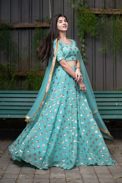 Women's Ice Blue Sequin And Zari Work Lehenga Set (3pcs set) - Label Shaurya Sanadhya