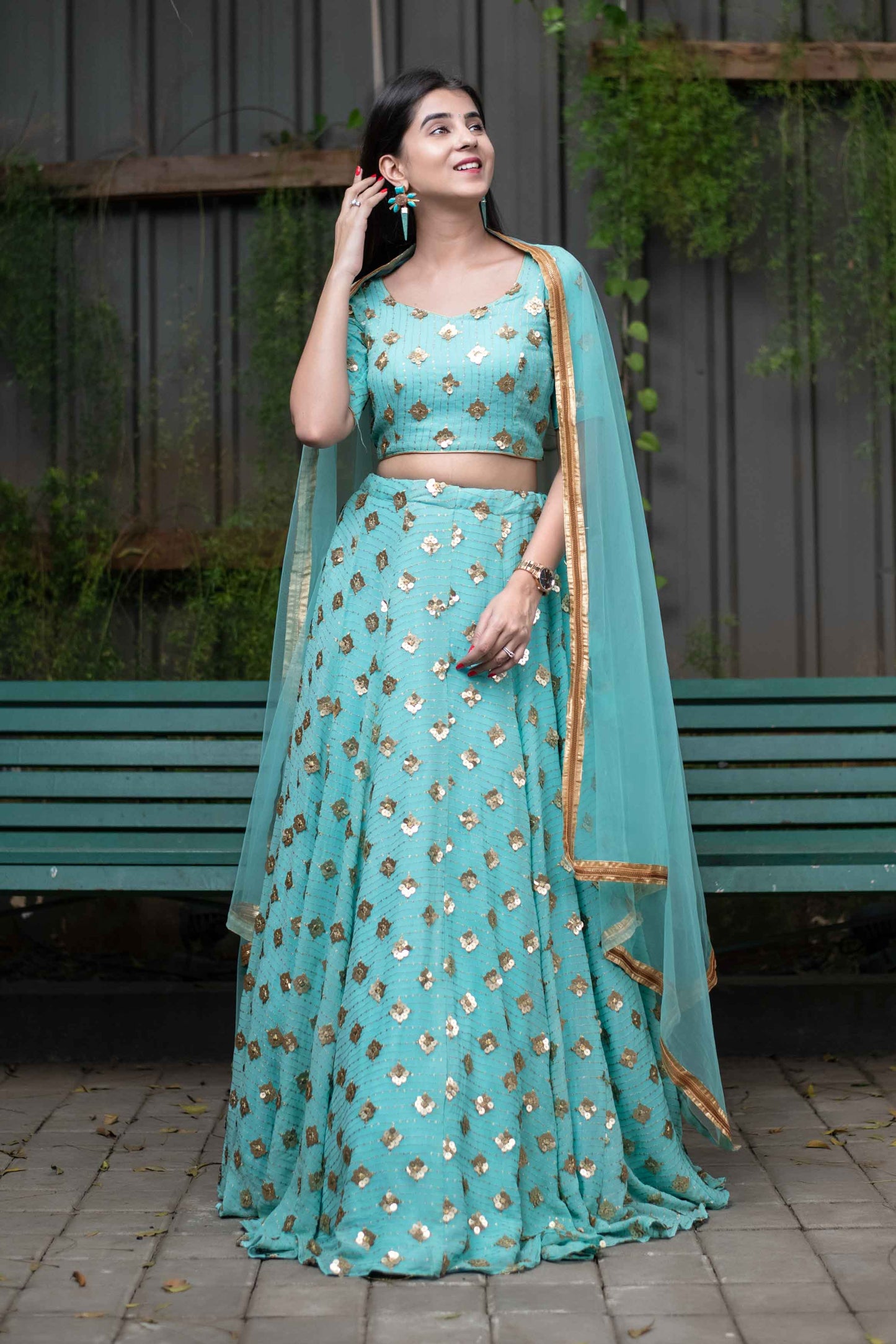 Women's Ice Blue Sequin And Zari Work Lehenga Set (3pcs set) - Label Shaurya Sanadhya