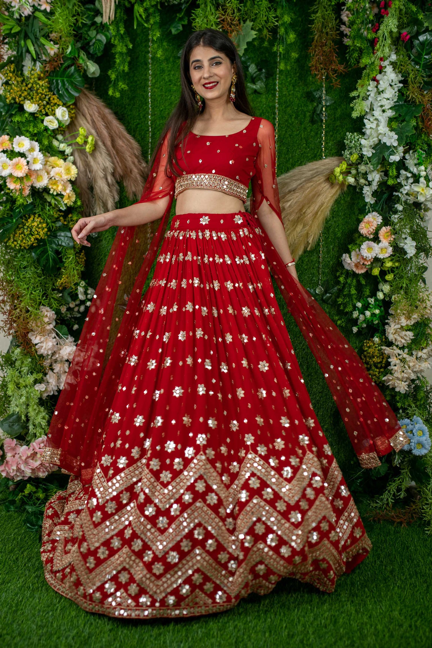 Women's Red And Gold Lehenga Cape Sleeves - Label Shaurya Sanadhya