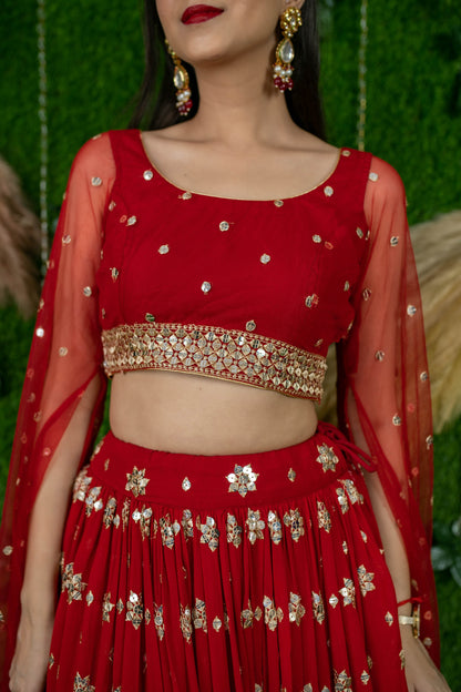 Women's Red And Gold Lehenga Cape Sleeves - Label Shaurya Sanadhya