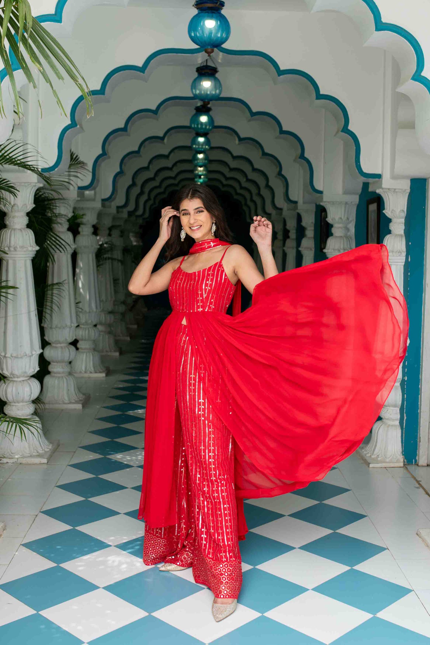 Women's Red Long slit top with palazzo - Label Shaurya Sanadhya