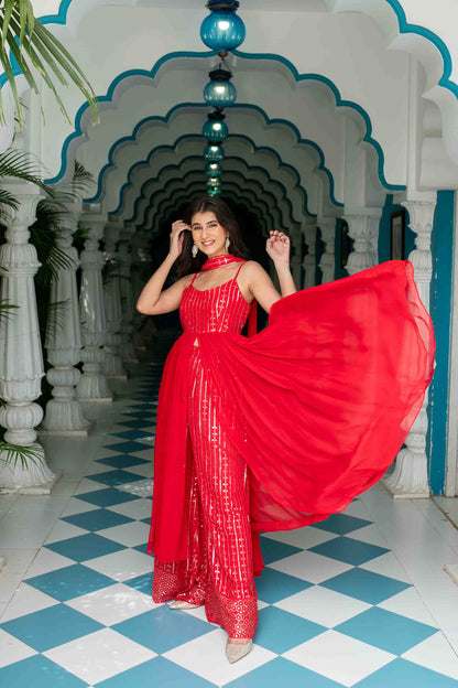 Women's Red Long slit top with palazzo - Label Shaurya Sanadhya