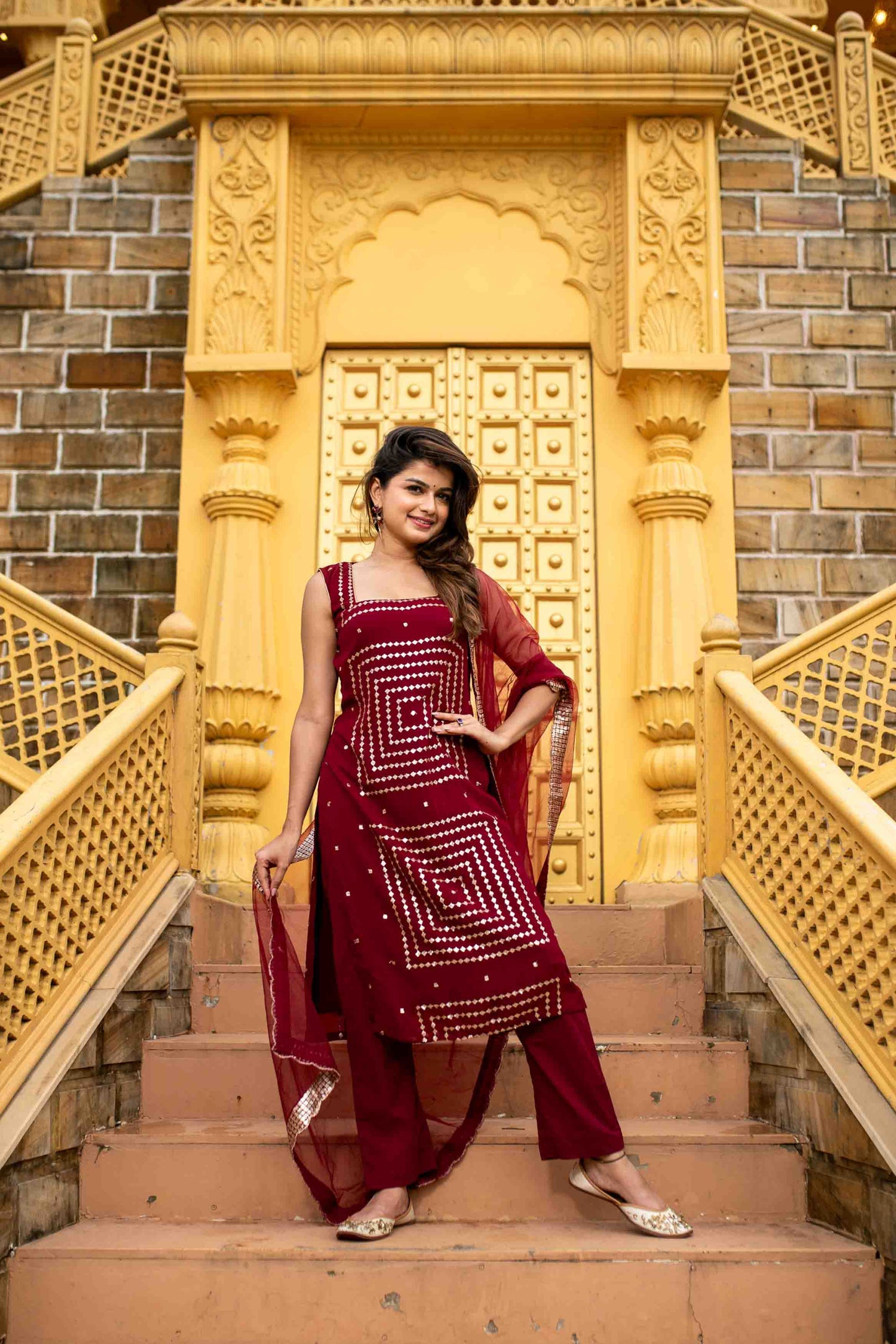 Women's Maroon Georgette Kurta Set - Label Shaurya Sanadhya