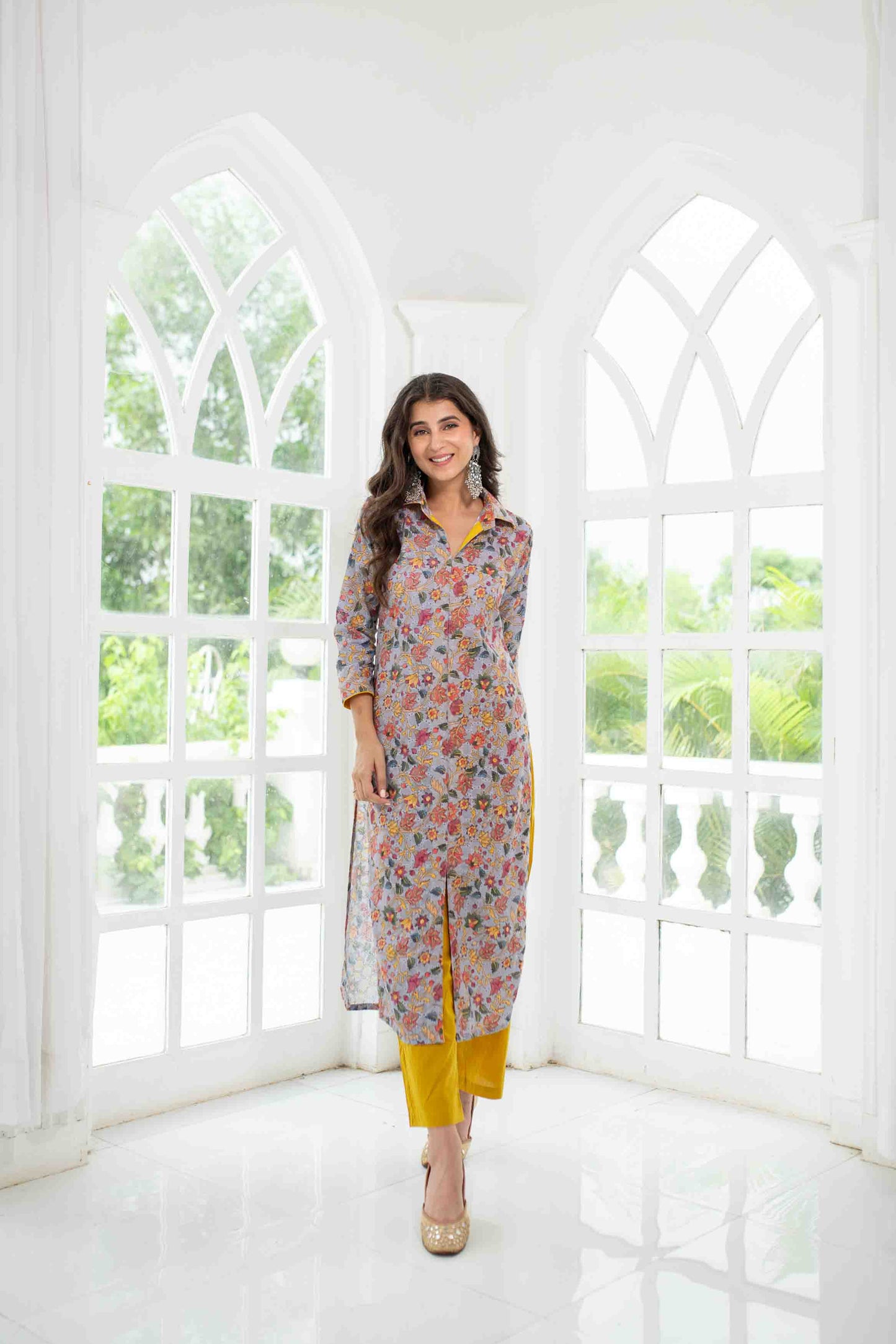 Women's Grey Mustard Self Embroidery  Cotton Kurta Set - Label Shaurya Sanadhya