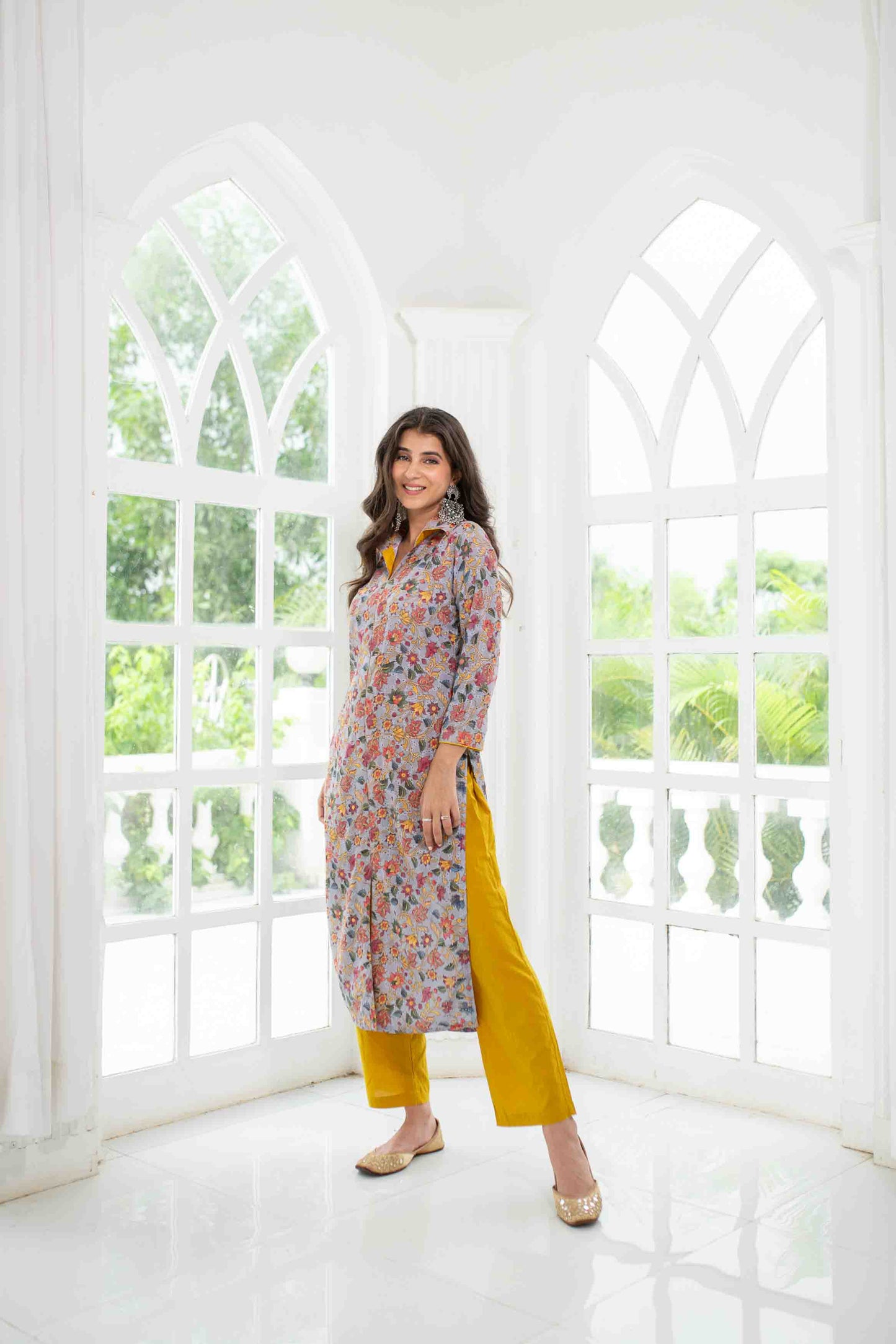 Women's Grey Mustard Self Embroidery  Cotton Kurta Set - Label Shaurya Sanadhya