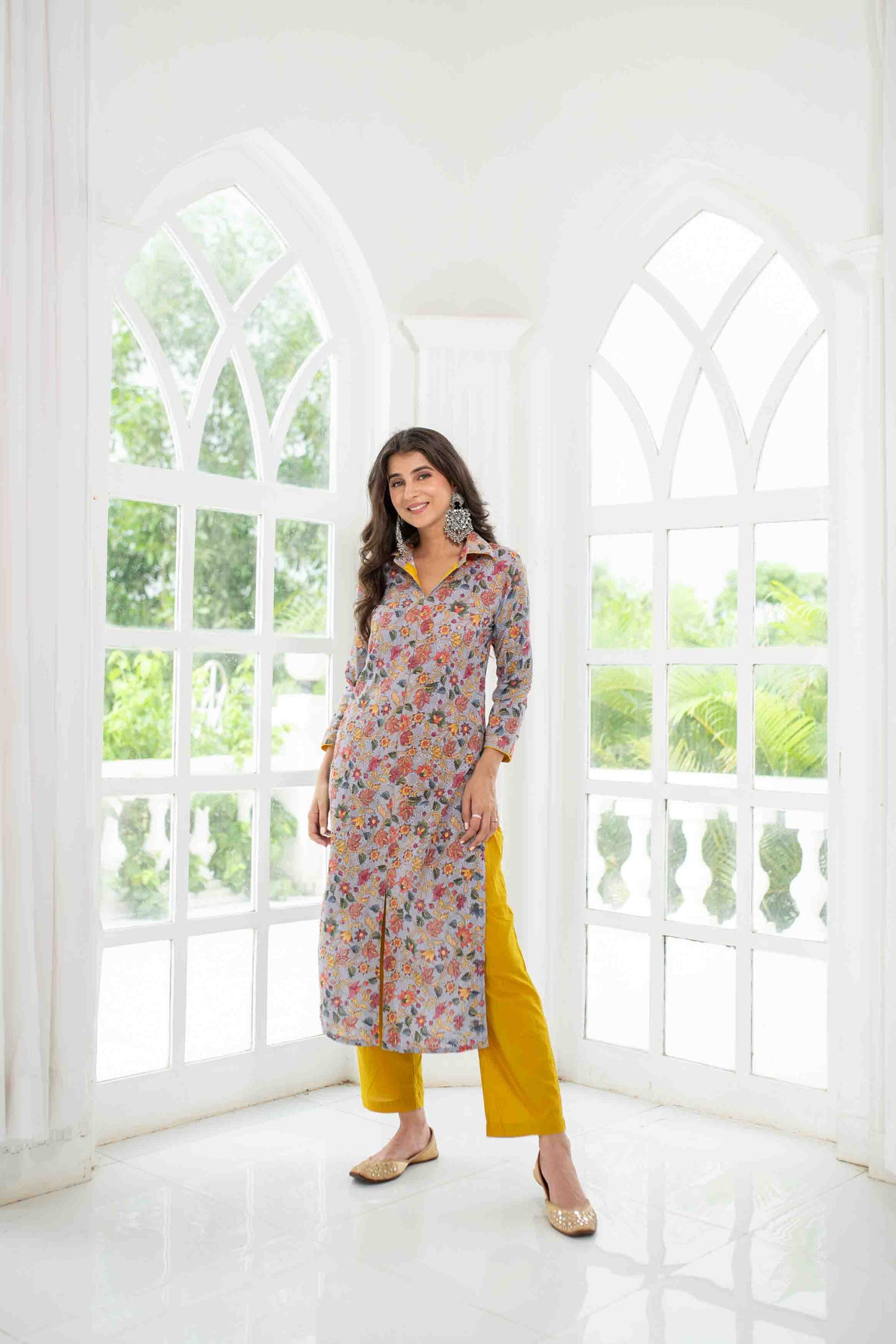 Women's Grey Mustard Self Embroidery  Cotton Kurta Set - Label Shaurya Sanadhya