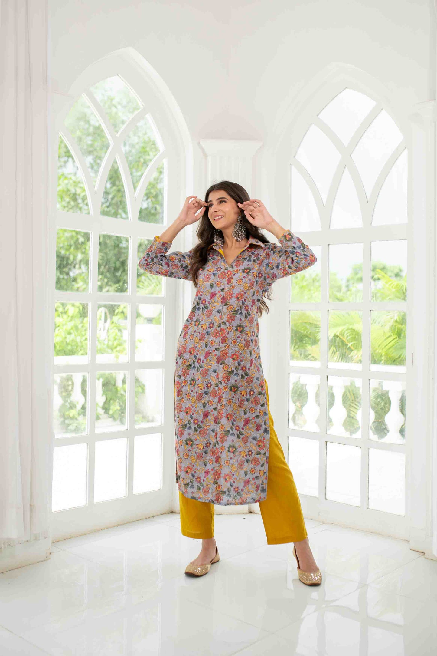 Women's Grey Mustard Self Embroidery  Cotton Kurta Set - Label Shaurya Sanadhya