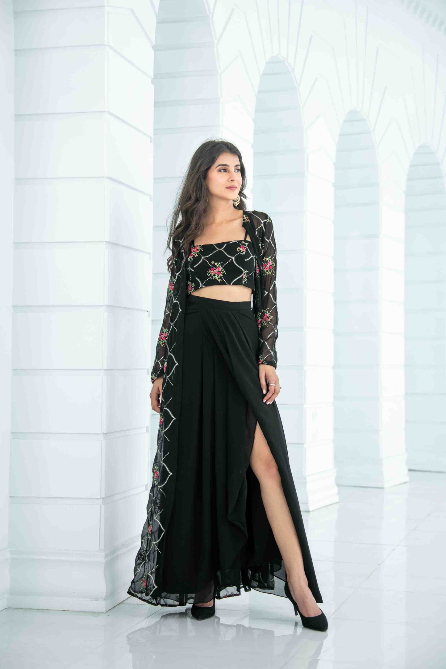 Women's Black Slit Dhoti With Jacket - Label Shaurya Sanadhya