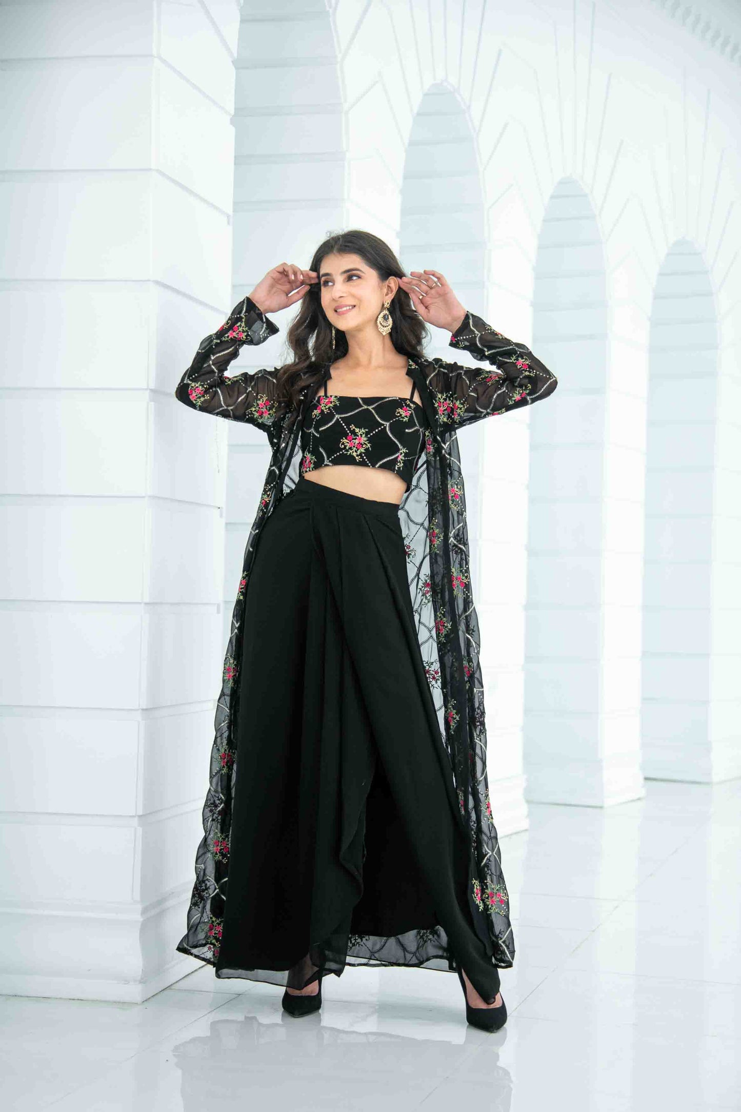 Women's Black Slit Dhoti With Jacket - Label Shaurya Sanadhya