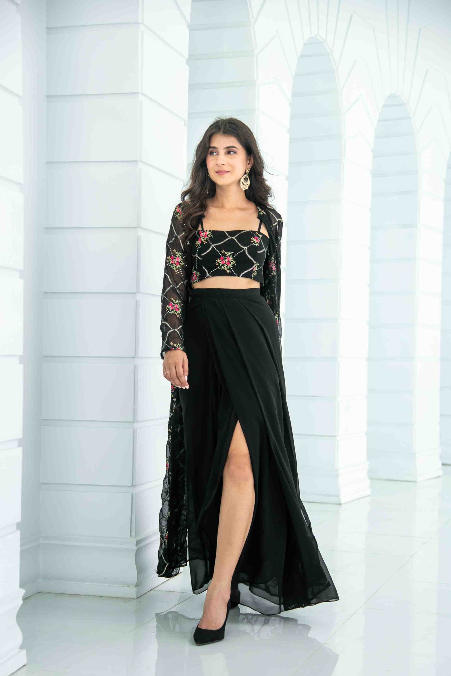 Women's Black Slit Dhoti With Jacket - Label Shaurya Sanadhya