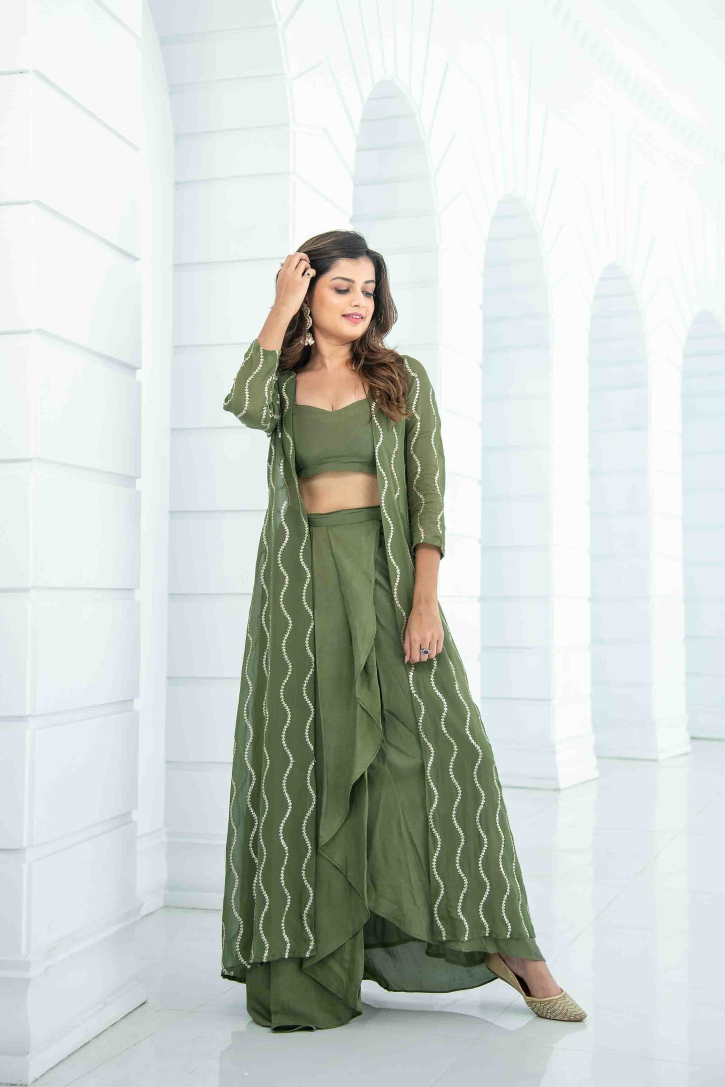 Women's Olive Skit Dhoti With Jacket - Label Shaurya Sanadhya