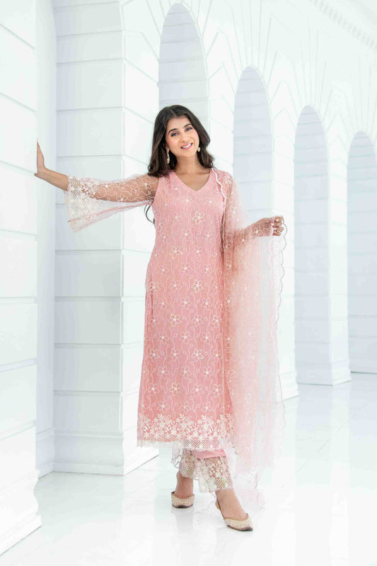 Women's Peach Pakistani Thread Work Kurta Set - Label Shaurya Sanadhya