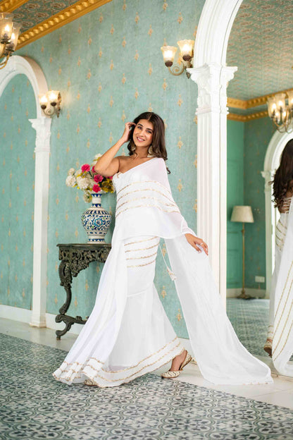 Women's White Sequin Skirt Saree - Label Shaurya Sanadhya