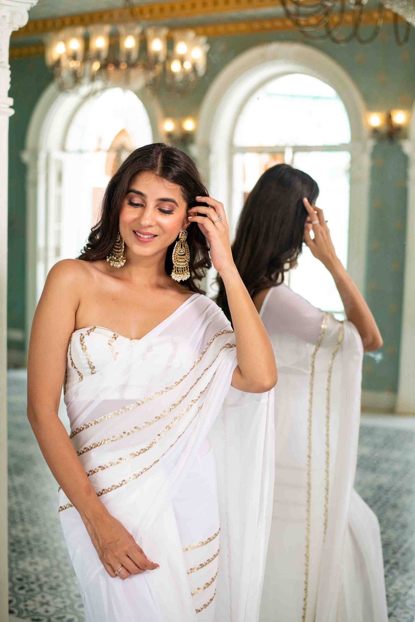 Women's White Sequin Skirt Saree - Label Shaurya Sanadhya