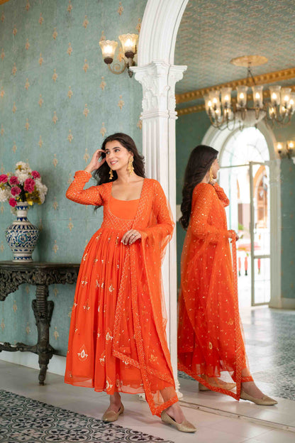 Women's Orange  Choli Style Anarkali Set - Label Shaurya Sanadhya