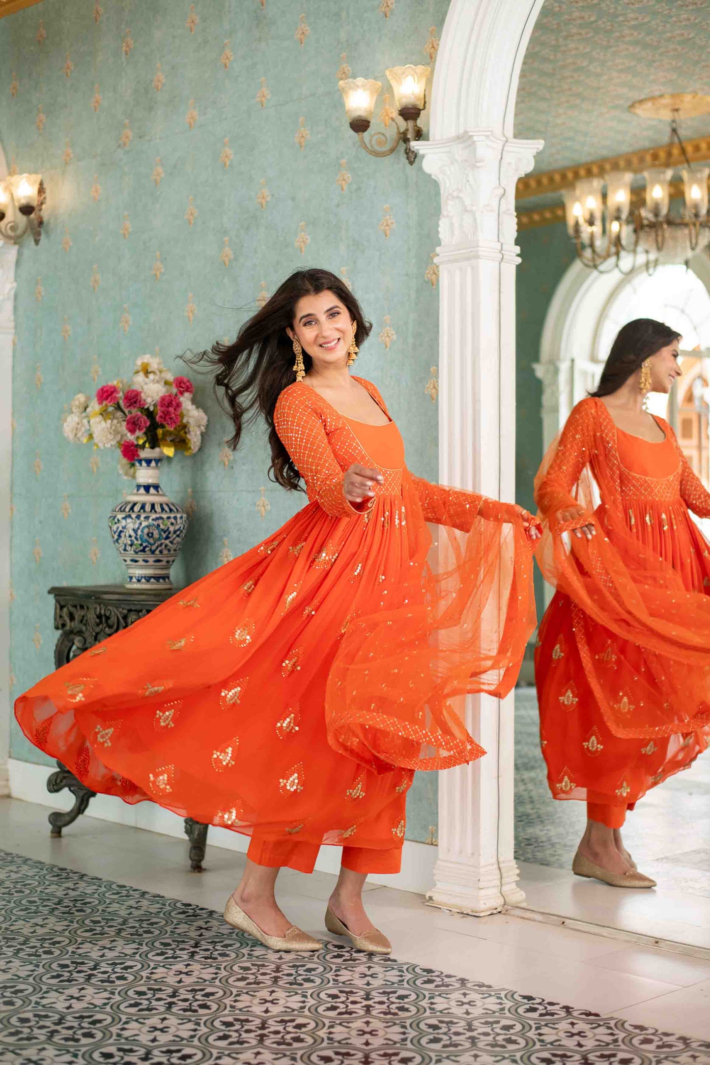 Women's Orange  Choli Style Anarkali Set - Label Shaurya Sanadhya