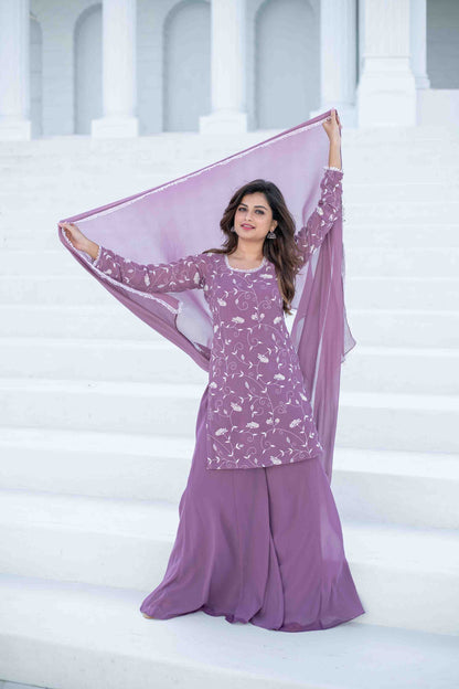 Women's Lilac Thread Work Georgette Kurta Set - Label Shaurya Sanadhya