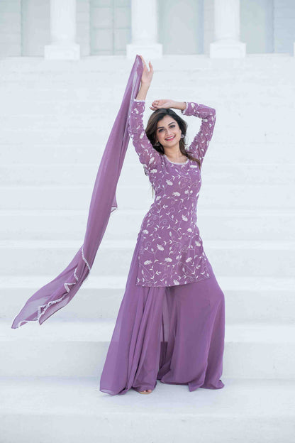 Women's Lilac Thread Work Georgette Kurta Set - Label Shaurya Sanadhya