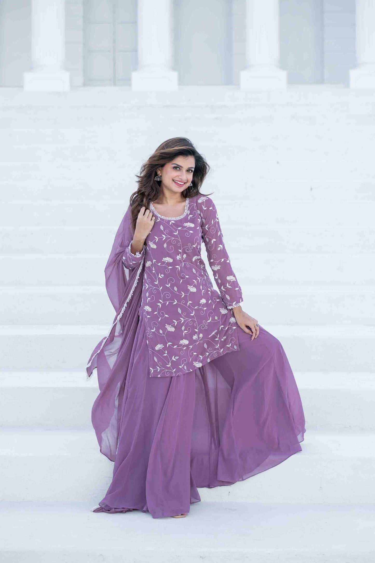 Women's Lilac Thread Work Georgette Kurta Set - Label Shaurya Sanadhya