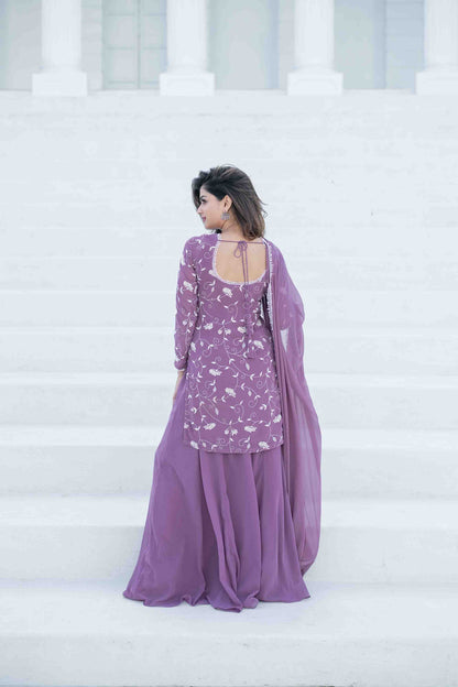 Women's Lilac Thread Work Georgette Kurta Set - Label Shaurya Sanadhya