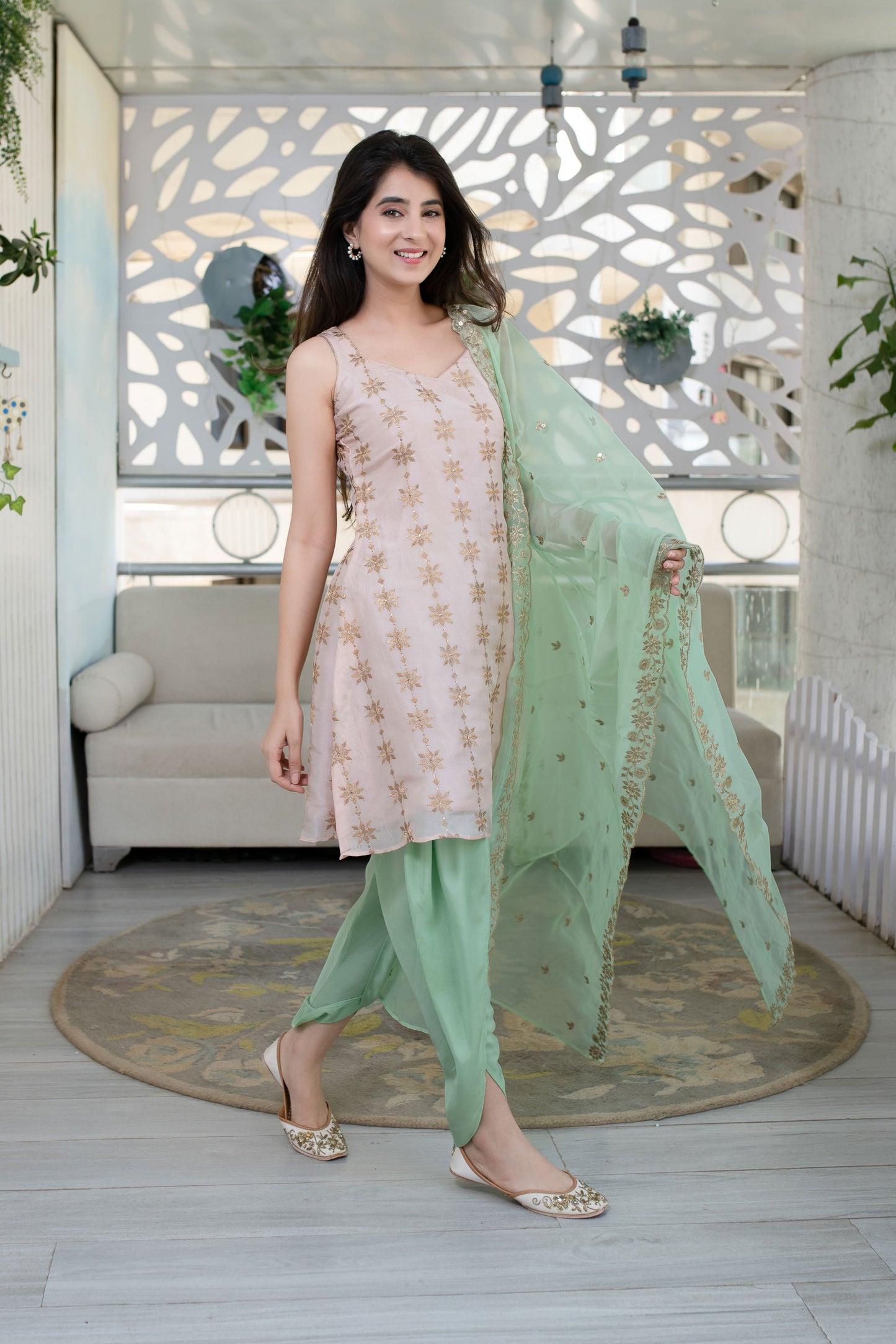 Women's Peach And Pista Dhoti Set (3pcs set) - Label Shaurya Sanadhya