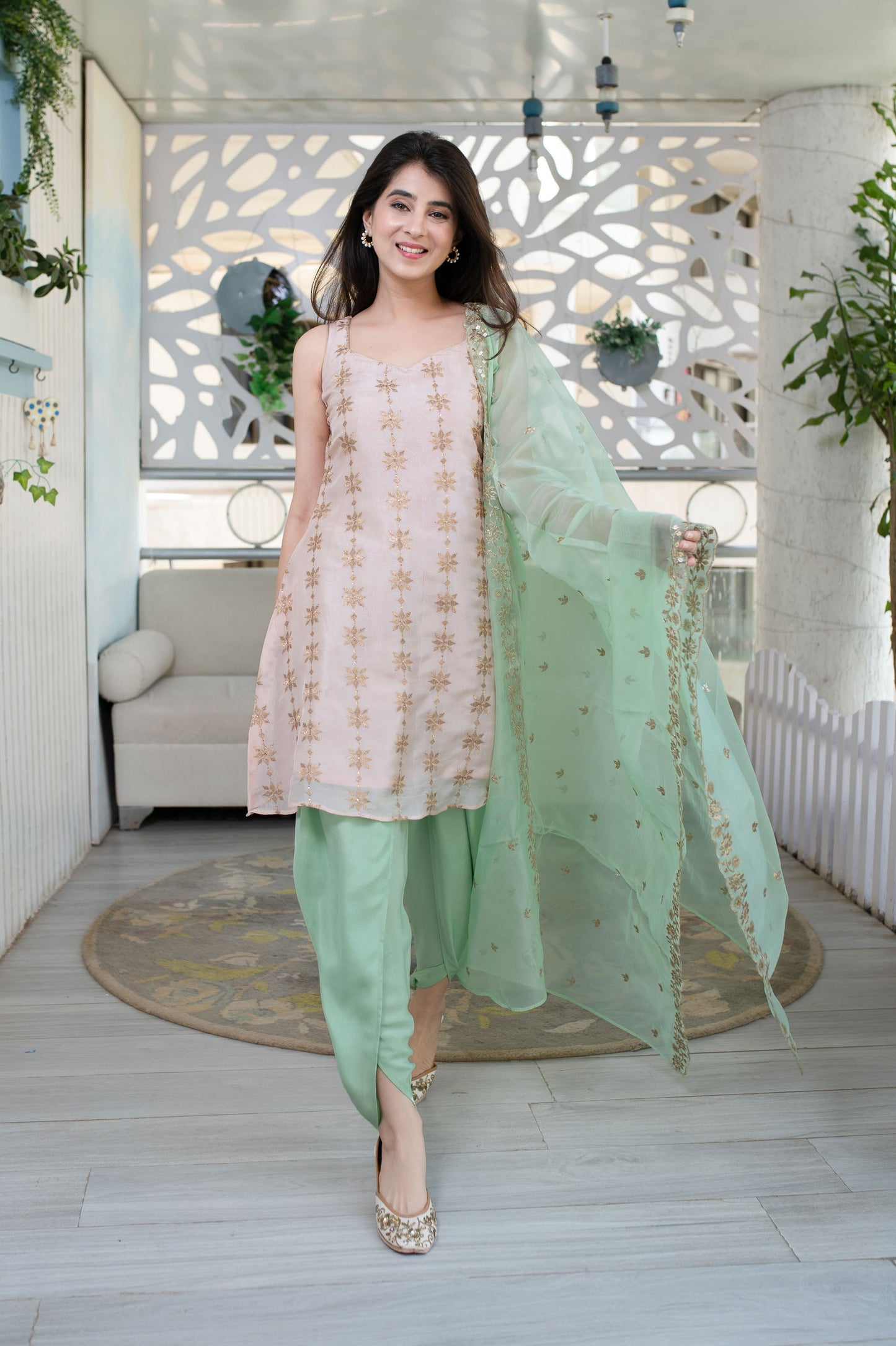 Women's Peach And Pista Dhoti Set (3pcs set) - Label Shaurya Sanadhya