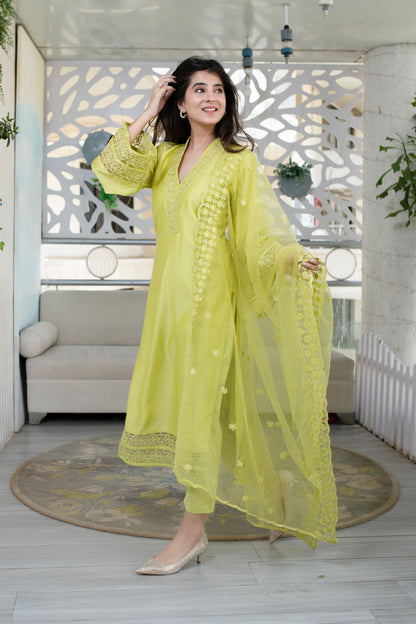 Women's Lime Green Kurta With Lace Work (3pcs set) - Label Shaurya Sanadhya