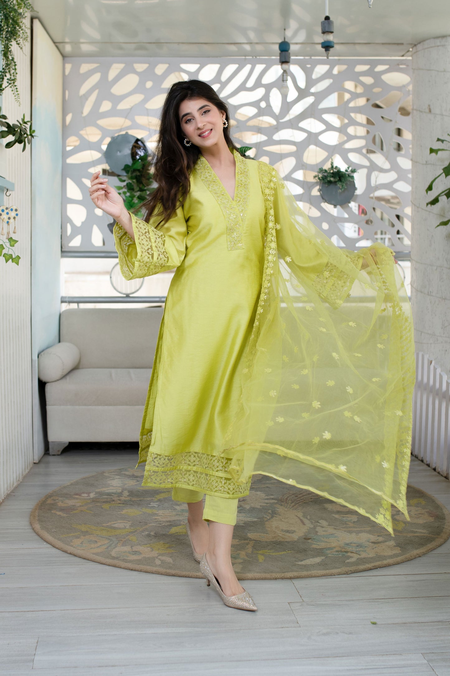 Women's Lime Green Kurta With Lace Work (3pcs set) - Label Shaurya Sanadhya