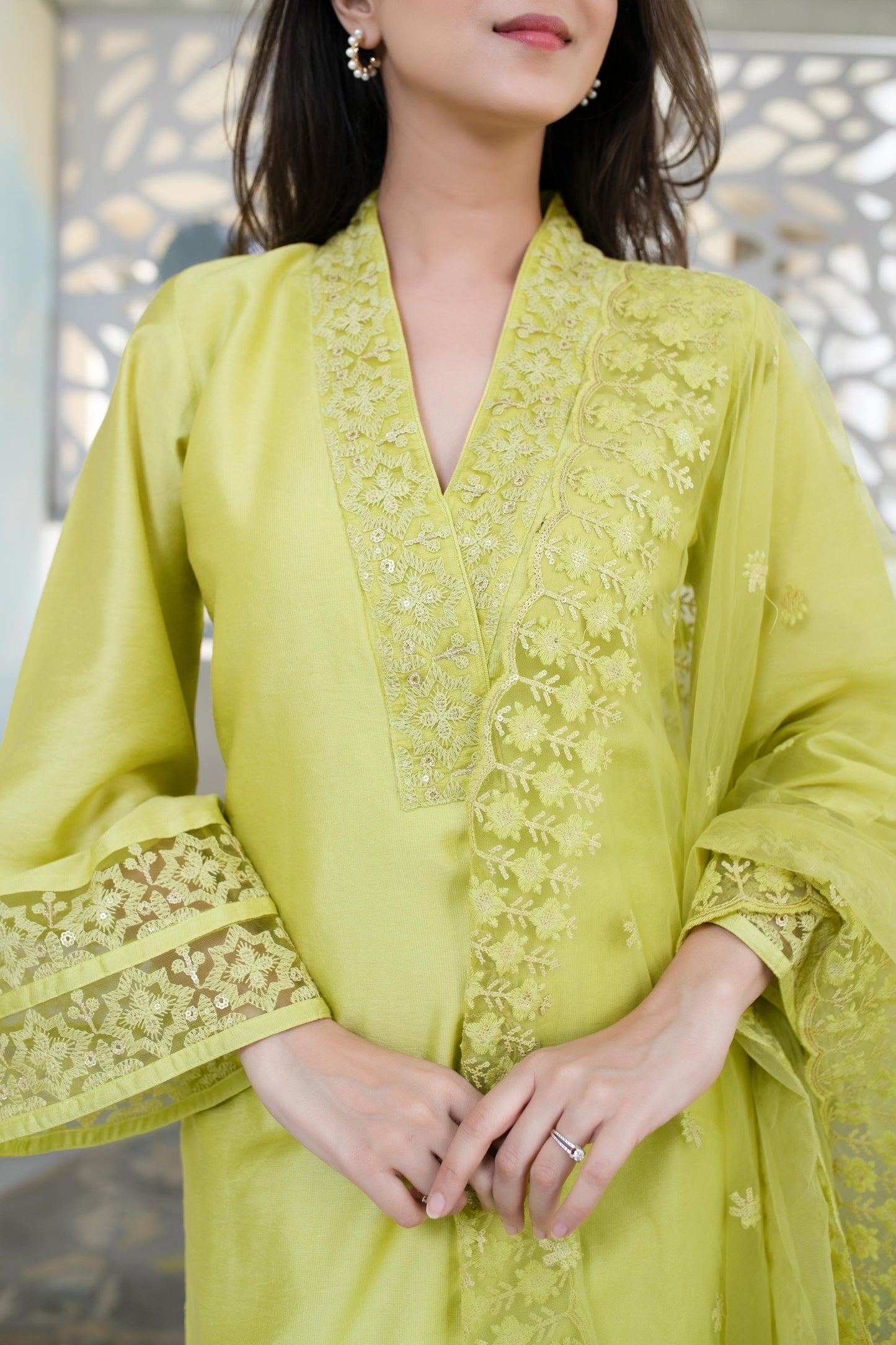 Women's Lime Green Kurta With Lace Work (3pcs set) - Label Shaurya Sanadhya