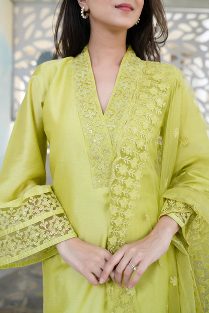 Women's Lime Green Kurta With Lace Work (3pcs set) - Label Shaurya Sanadhya