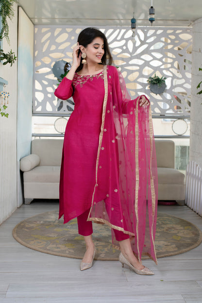 Women's Hand Work Pink Kurta Set (3pcs set) - Label Shaurya Sanadhya